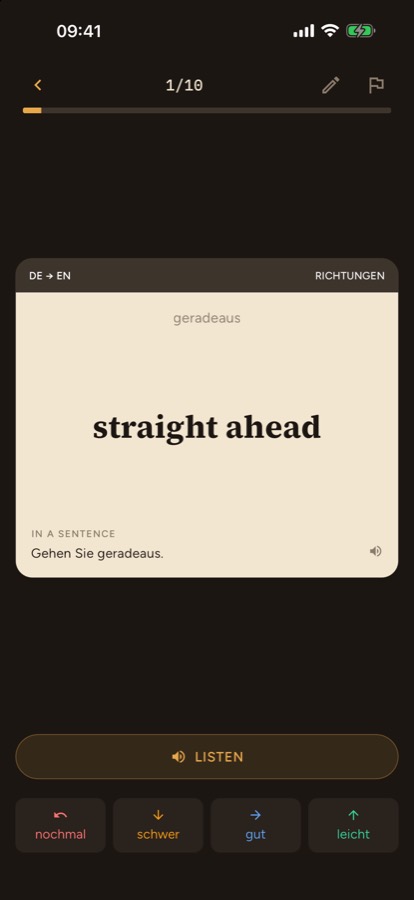 The same iPhone card flipped to straight ahead, with nochmal, schwer, gut, and leicht underneath.