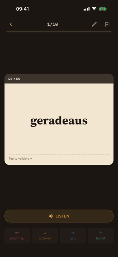An iPhone card showing geradeaus, with Tap to validate and a Listen button.